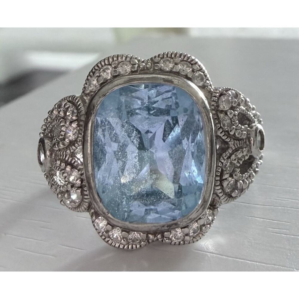 Vintage ESPO 925 Sterling Silver Blue Cushion Gemstone CZ Cocktail Ring Size 7.5